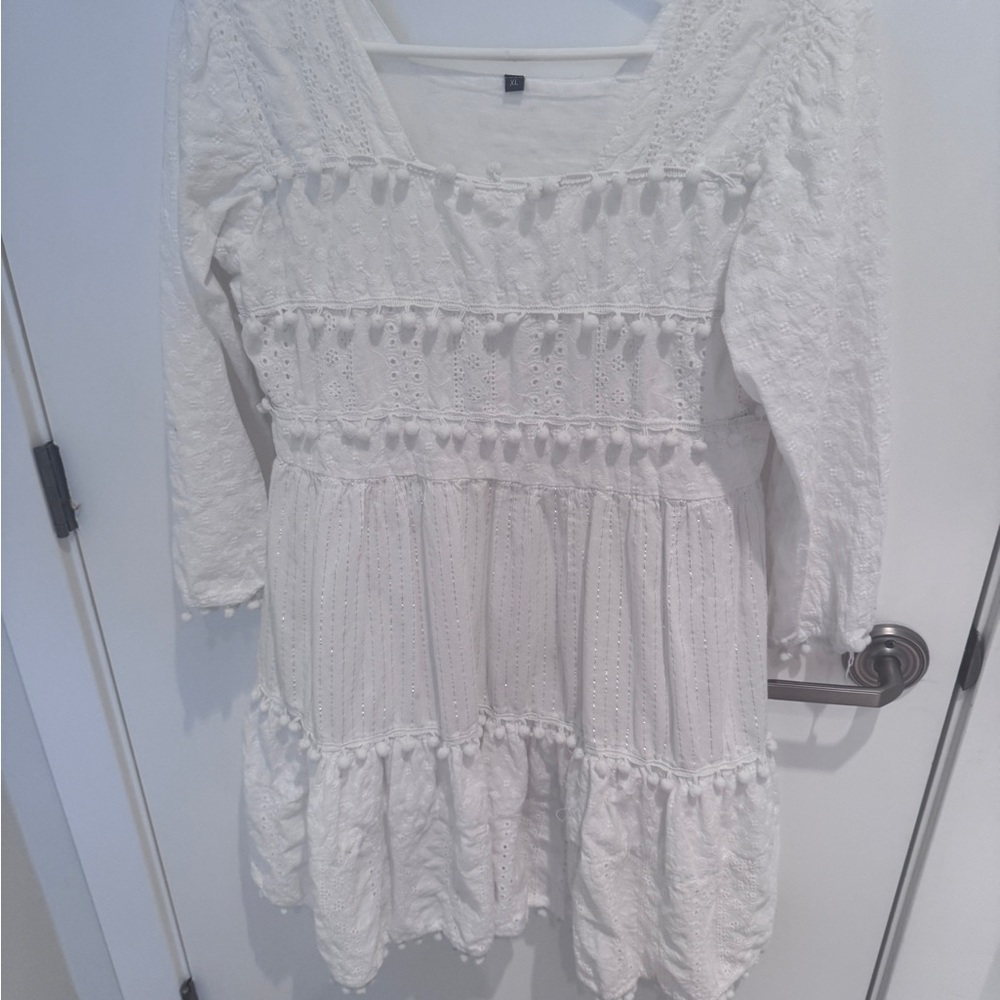 White embroidered cotton cottagecore square neck boho chic dress